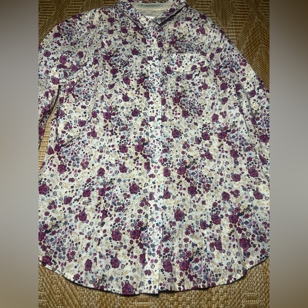 Orvis Women's Floral Button Down Long Sleeve Shirt,White,Purple,Collar,Size 4